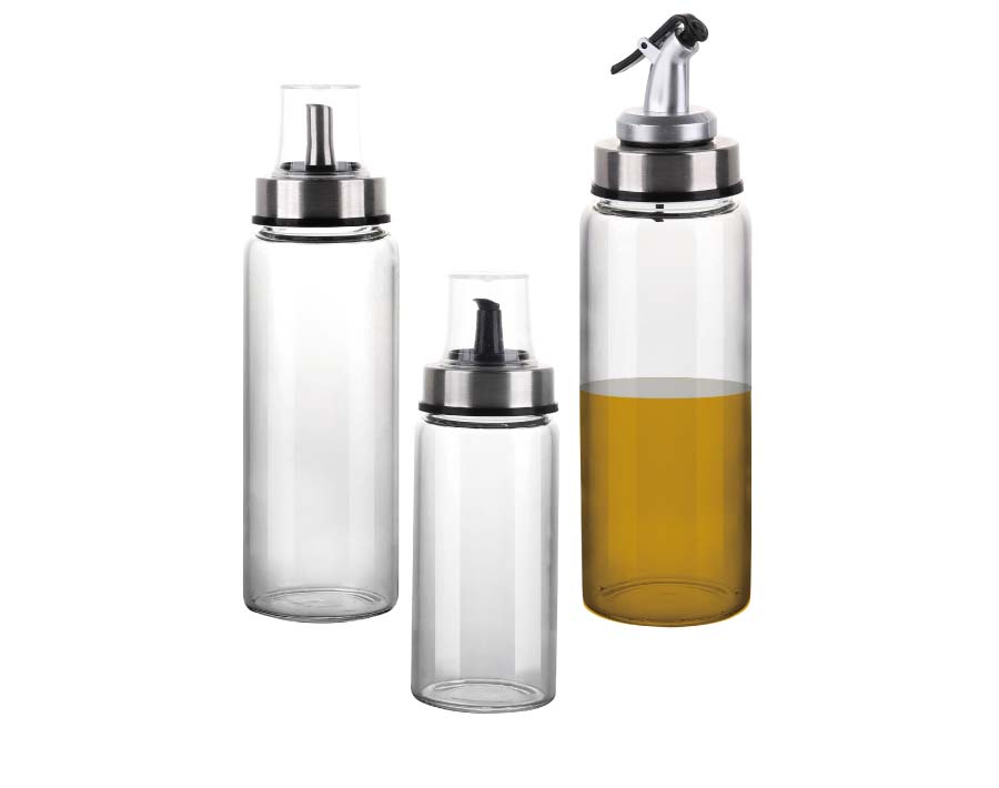 Oil Bottle Olive Oil Dispenser Oil Sprayer Set for Cooking 11.5 OZ Lead-Free Glass Bottle for Oil Drip Free Spout Bottle Stainless Steel BBQ, Salad, Kitchen Baking, Roasting, Frying