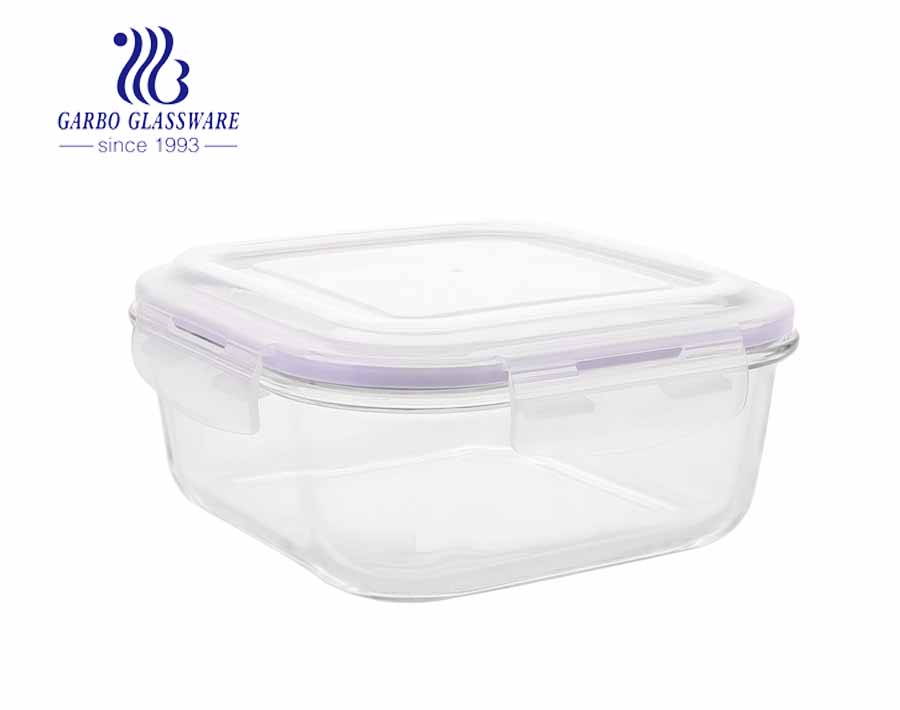 セリウムの証明書が付いている紫色のシリコーンのふたの食糧お弁当箱が付いている正方形のガラス容器