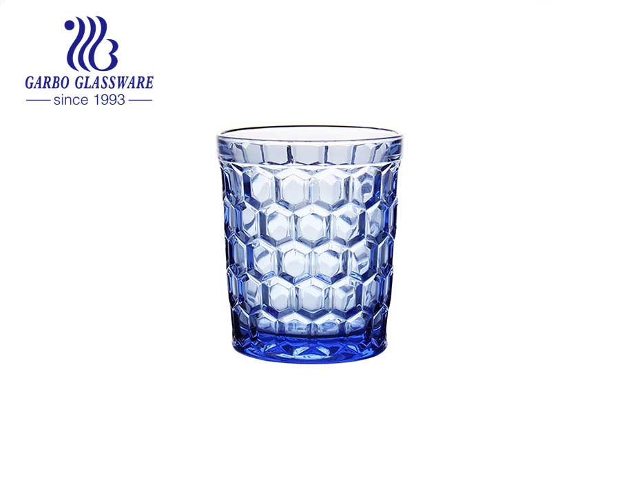 Copo de vidro de cor sólida azul de 300ml para estoque de suco e água potável por atacado