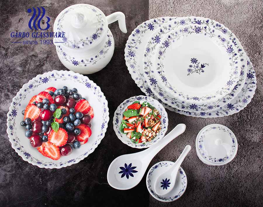 Set-72pcs White tempered glass opal dinnerware set with customize flower