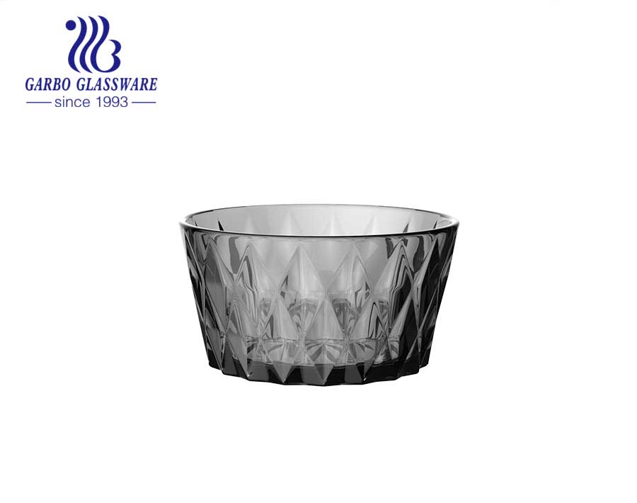 High-quality smoke gray solid color glass salad fruit bowl set engraved diamond pattern decor for dinner table