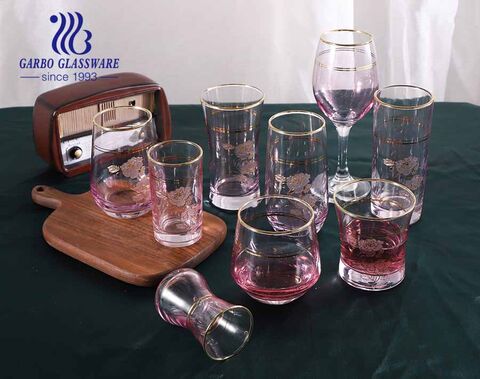 Bộ đồ thủy tinh theo phong cách hiện đại màu hồng nhạt với cốc thủy tinh viền vàng Tumbler cốc nước cho khách sạn