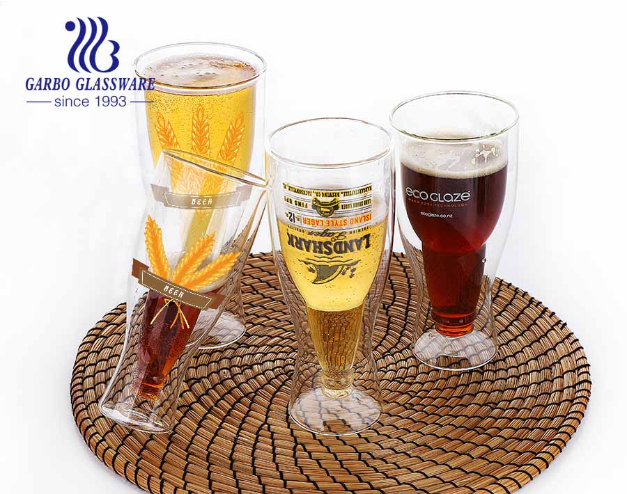 14 أوقية مشروبات ساخنة عالية الجودة للبيع (FDA) شهادة LFGB المشروبات الباردة كوب زجاجي من البورسليكات بطباعة شعار كوب بيرة زجاجي