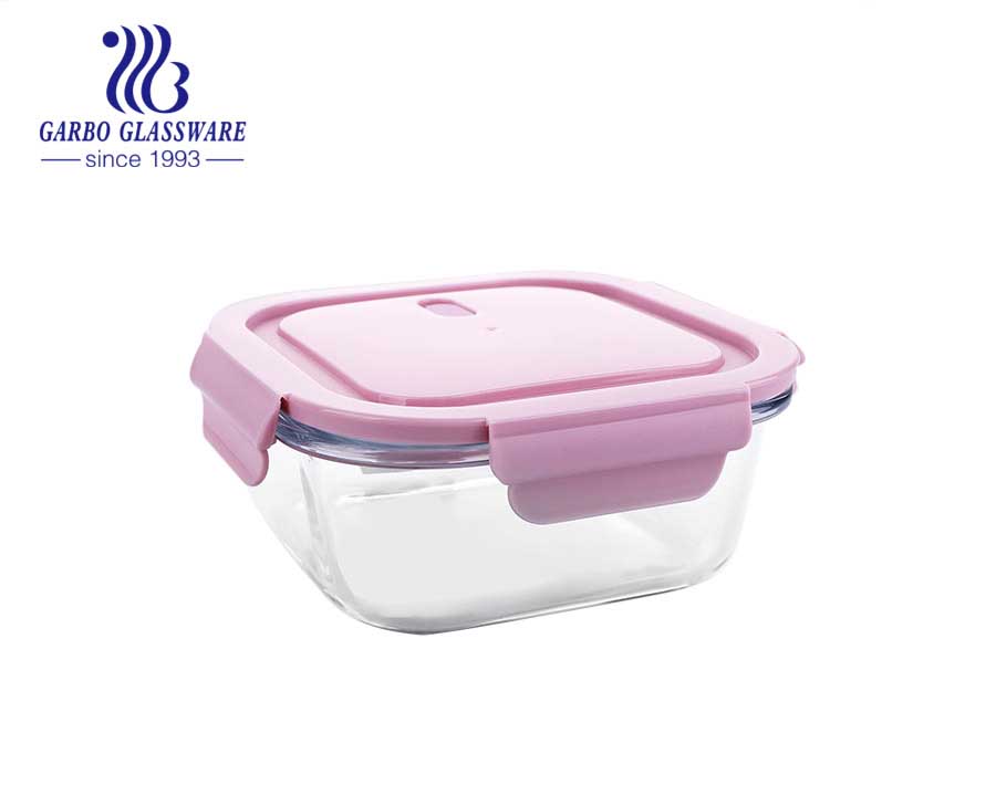 Capacity of 800ml square kitchen glass lunch box with silicone pink lid