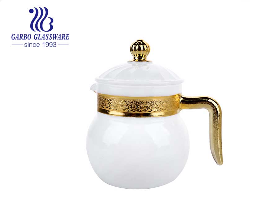 1L white opal glass tea pot with golden electroplated