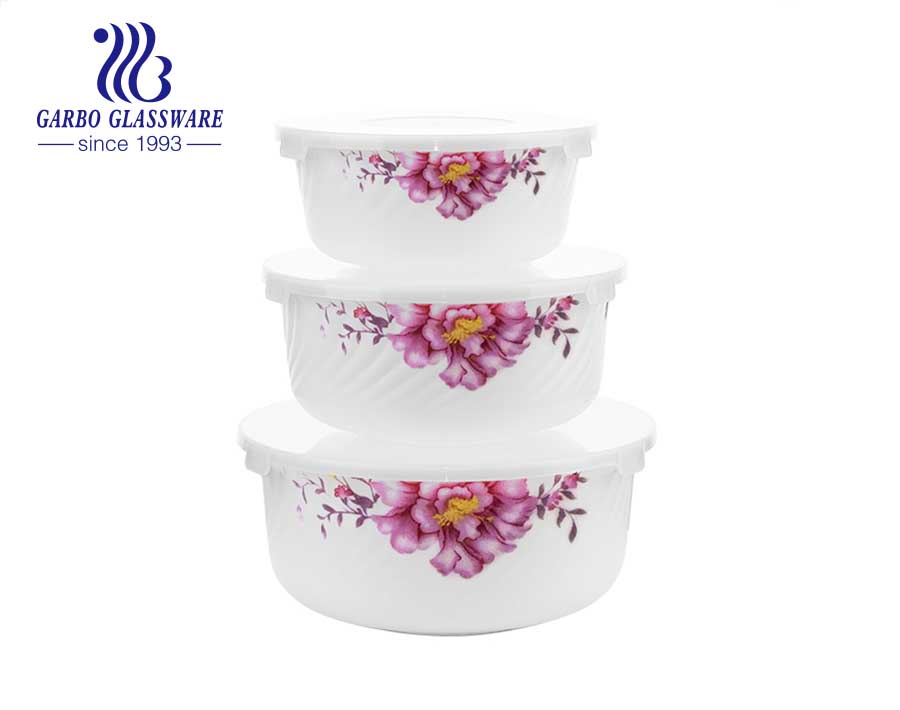 Set of 3PCS White opal tempered glass bowl set with customize flower designs