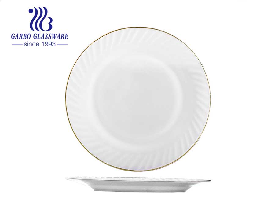 10inch round white opal glass dinner plates with gold rim