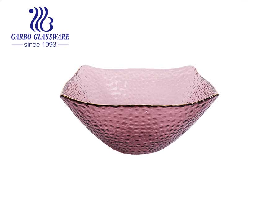 Hot sale solid color fuchsia golden rim hammer pattern square glass bowl with wave edge