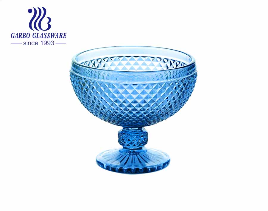 Coupe à dessert en verre de verre à pied de couleur bleue bol de crème glacée 10 onces