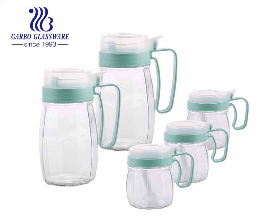 5 PCS maschinell hergestellter Kürbisglas-Wassertrinkbehälter mit babygrünem Griff und Acryldeckel für den Familiengebrauch