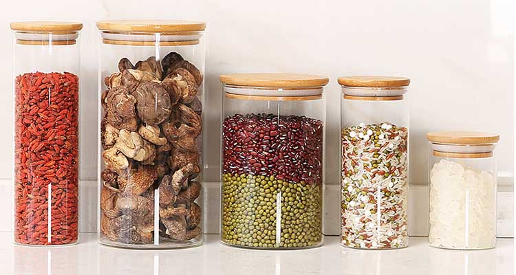 Bouteille en verre borosilicate de forme ronde de capacité différente pour le stockage des aliments