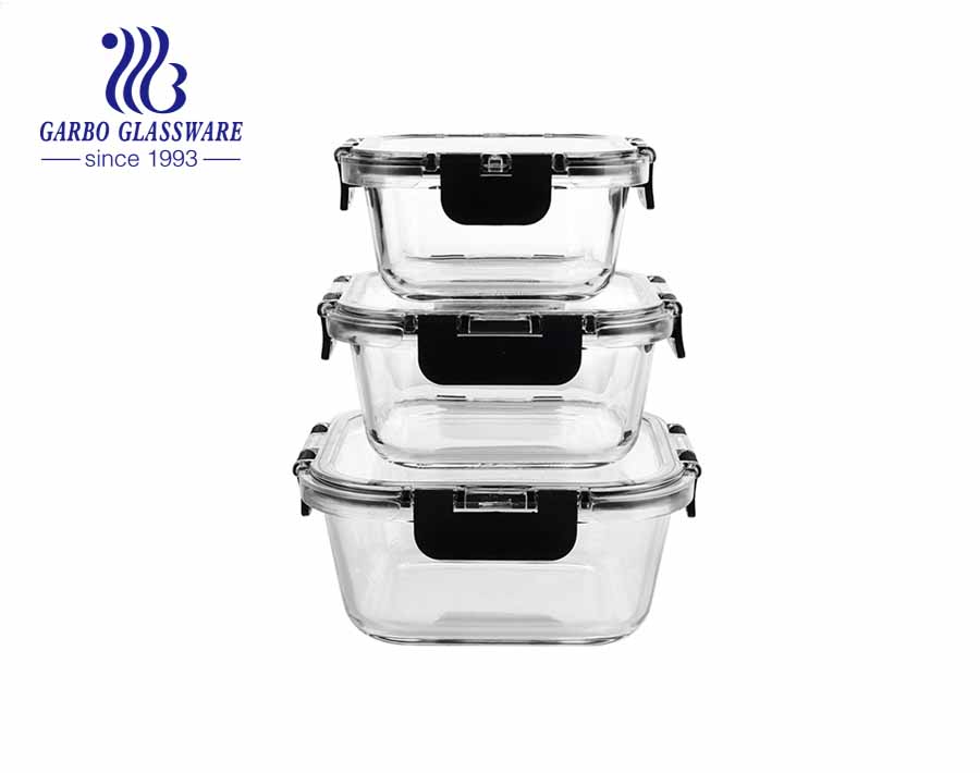 透明なロッキングリッドがセットされた3ピースの優れたガラス製食品保存容器
