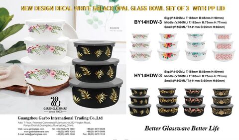 New decals designs 3pcs white and black opal glass bowls set