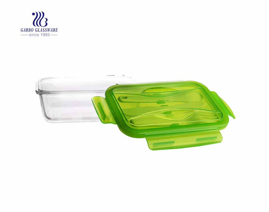 Rectangular 840 ml food glass storage containers with cutlery lids