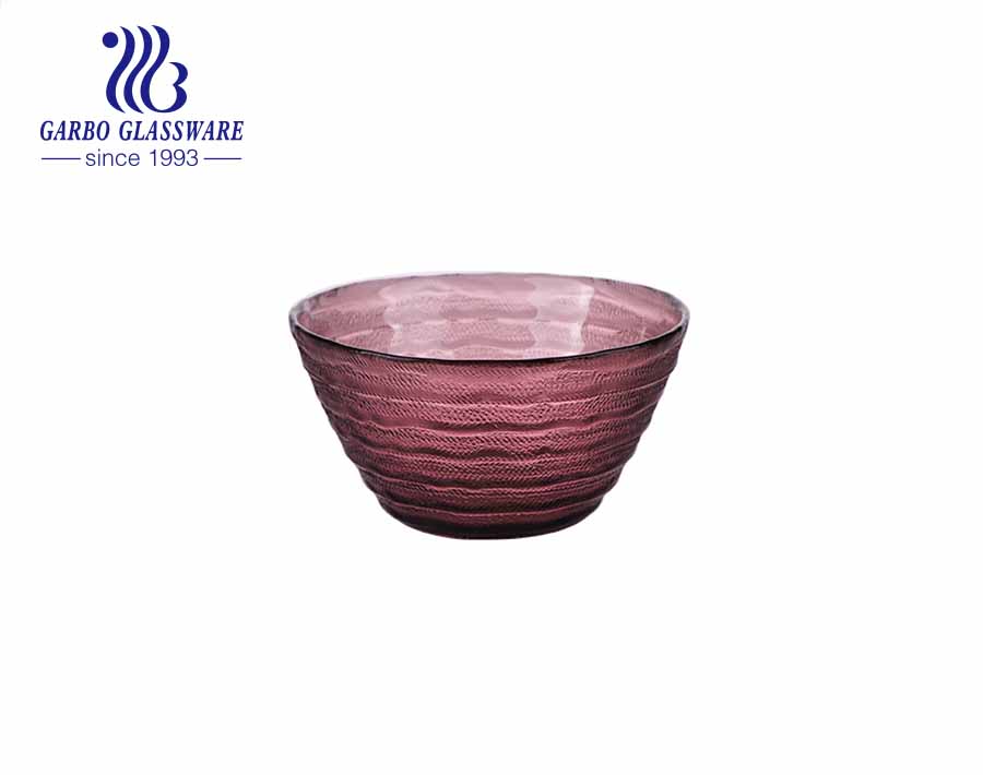 550ml Handblown solid color purple velvet glass fruit bowl with smooth surface inside engraved design outside