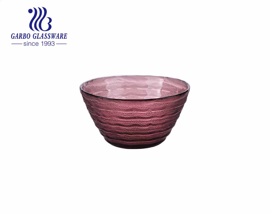 Bol à fruits en verre de velours violet de couleur unie 550 ml soufflé à la main avec une surface lisse à l'intérieur de la conception gravée à l'extérieur