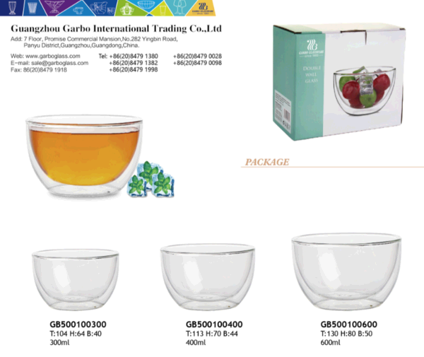 300ml 400ml 600ml borosilicate double wall glass bowls