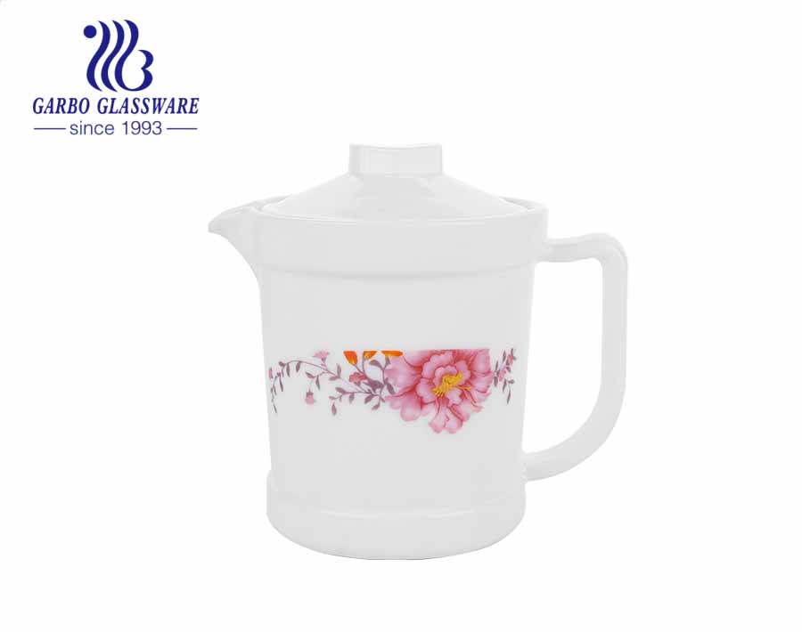 Capacity of 680ml white opal glass tea pot with customize flower design