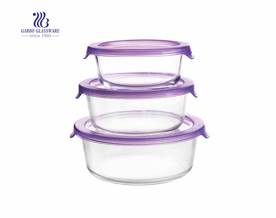 Set of 3pcs round glass food containers with simple plastic lids