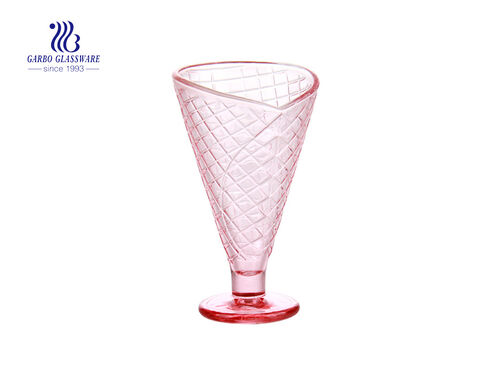 Pink Waffle Engraved pattern 8zo Glass Ice Cream Cup Glass Dessert bowl dish footed glass cup for juice coffee