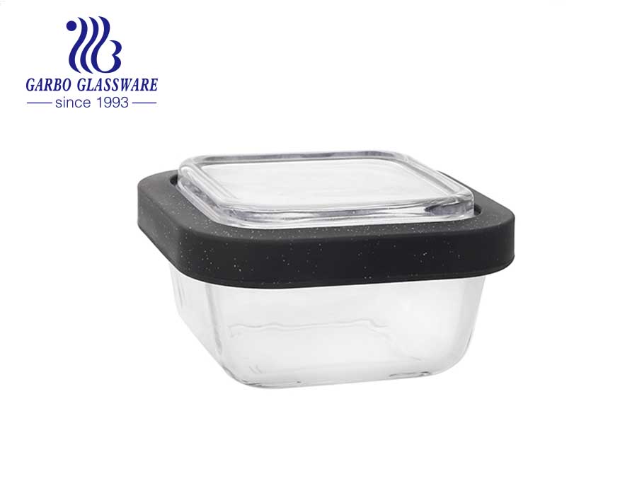 Stock tempered glass food containers 300 ml with silicone sealed lids