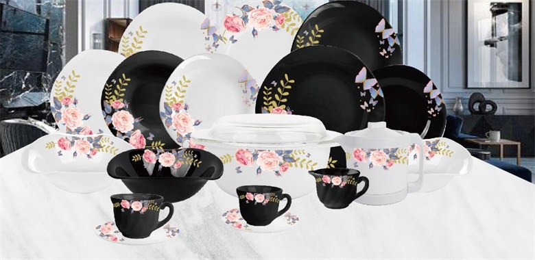 GARBO WEEKLY PROMOTION WHITE AND BLACK OPAL GLASS DINNER SET OF 58PCS