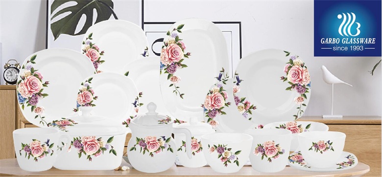 GARBO WEEKLY PROMOTION WHITE AND BLACK OPAL GLASS DINNER SET OF 58PCS