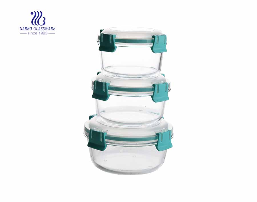 Juego de 3PCS juegos de recipientes de alimentos de vidrio alto pyrex con tapas selladas de silicona