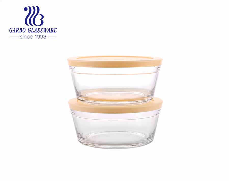 Vente en gros 2 pièces en verre rond transparent mélangeant un bol de fruits à salade avec couvercle coloré personnalisé de l'usine