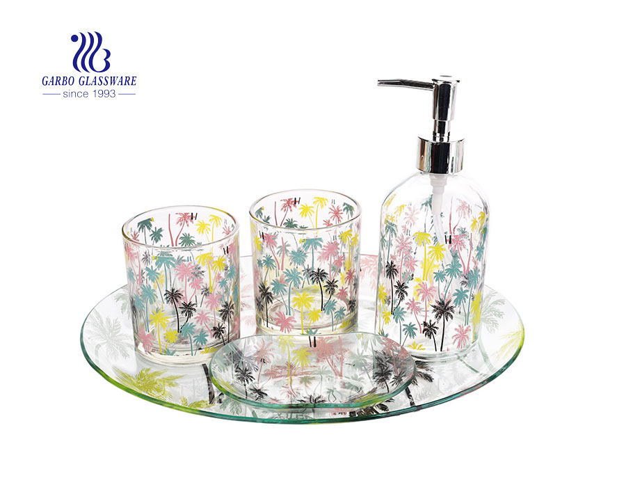 Hotel home use bathroom accessories set tooth cup soap dish hand soap dispenser with customized decal design