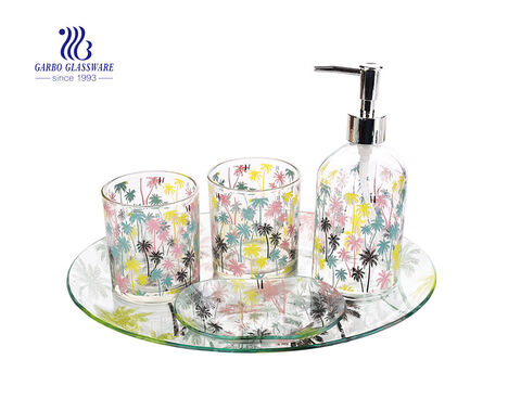 Hotel home use bathroom accessories set tooth cup soap dish hand soap dispenser with customized decal design