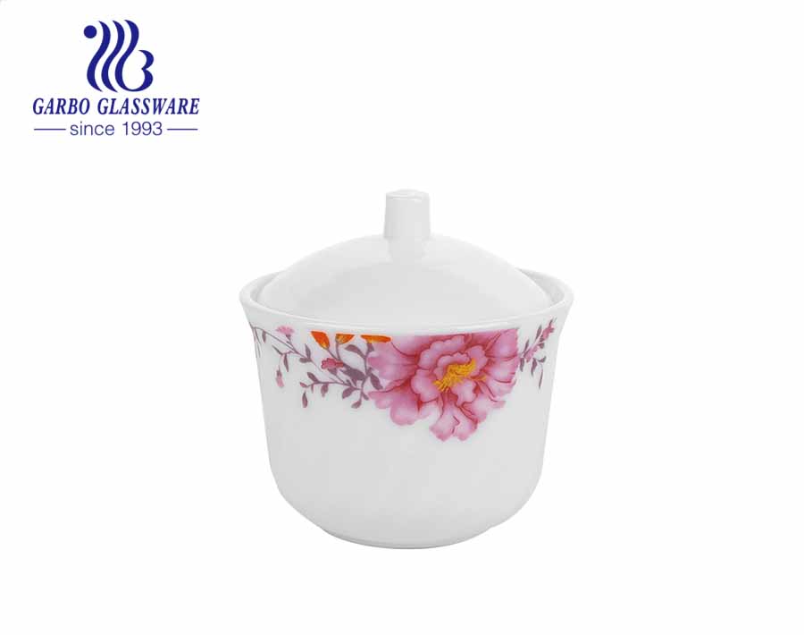 Heat resistant opal glassware sugar pot with printing flower