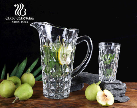 High-white classical rhombus diamond design water drinking jug set glass pitcher set with wide mouth