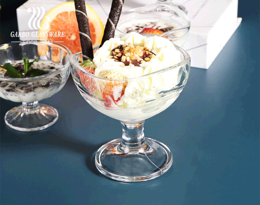 Special Boat Shaped 10oz Glass Dessert Fruit Salad Bowl Embossed Crystal Glass Ice Cream Cup