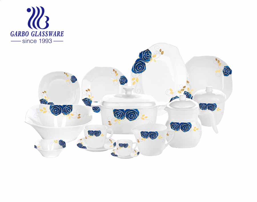58 قطعة تصميم جديد أزرق مائي مقاوم للحرارة أوبال وير طقم عشاء زجاجي مربع الشكل مع وعاء أكواب صحن