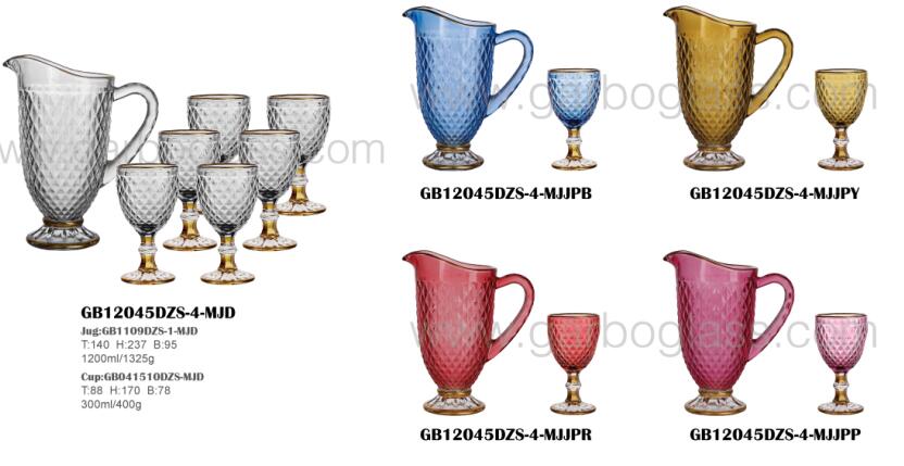 Set of 7pcs color glass jug set with gold rim and spray colors