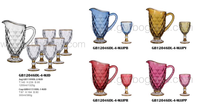 Set of 7pcs color glass jug set with gold rim and spray colors