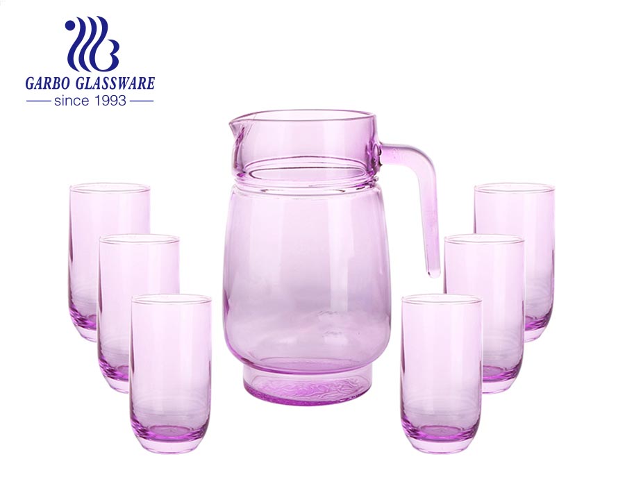 1400ML machine-made 5pcs pink spraying colored glass water drinking jug set with glass cups for home dinner use