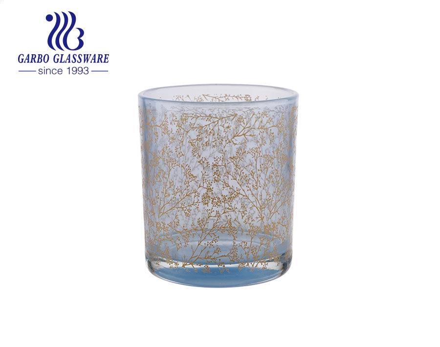 Bougeoir votif en verre à fond en verre de couleur bleue avec fleur de décalcomanie personnalisée