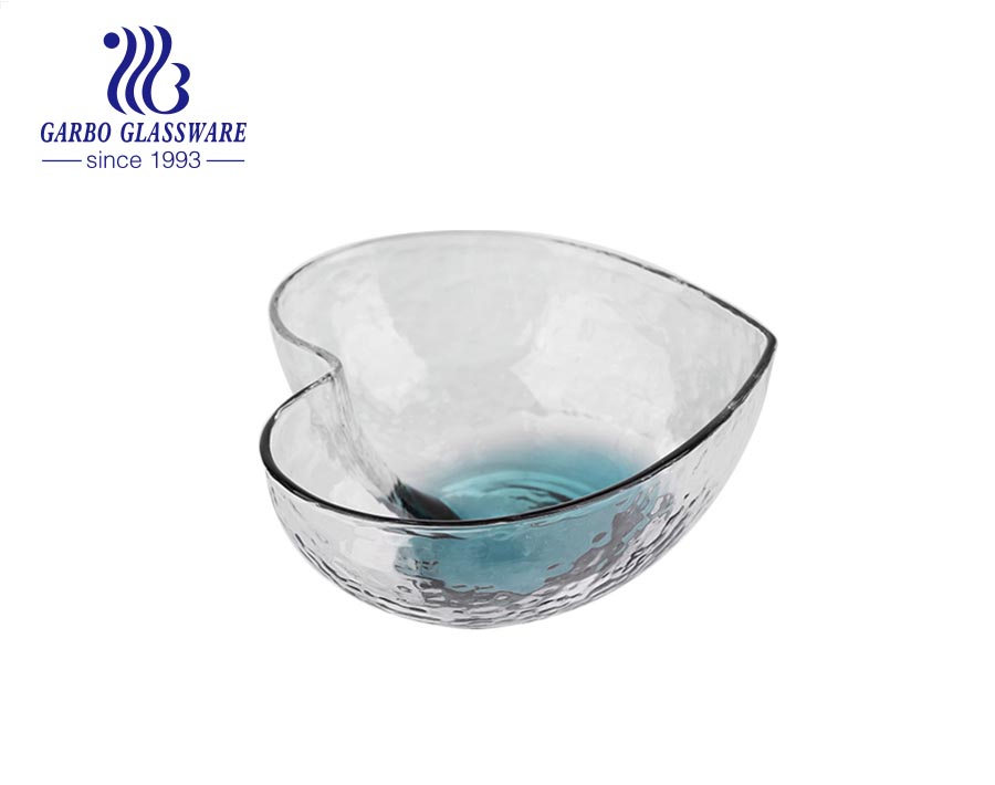 10OZ handmade heartshape high-quality colored heart shape glass dessert salad bowl with blue colored bottom