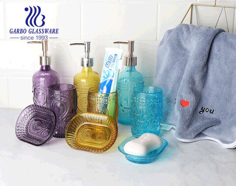 Ensemble d'accessoires de salle de bain en verre bleu tiffany de pulvérisation en gros ensemble de distributeur de savon liquide en verre