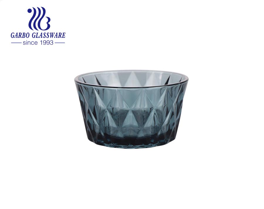 Ensaladera de cristal del postre del diseño del diamante de color sólido azul gris único al por mayor para la mesa de cena