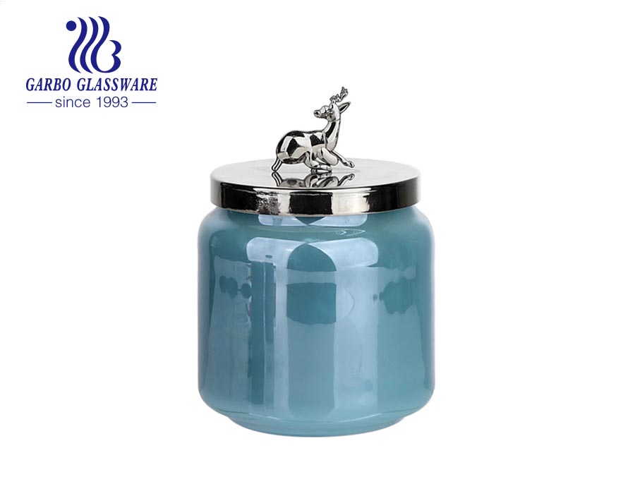 530 ml blue colored glass candle jars holder with metal lids