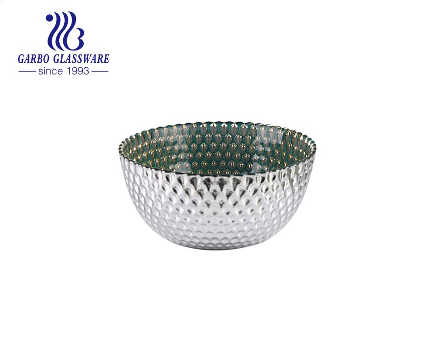 Factory unique olive green colored glass salad soup round bowl with white decorative pattern for dinner table