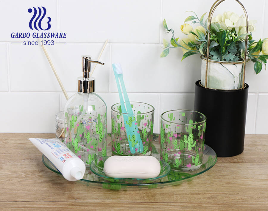5PCS hotel customized design decal hotel bathroom accessories set glass shampoo bottle dish cup for kitchen