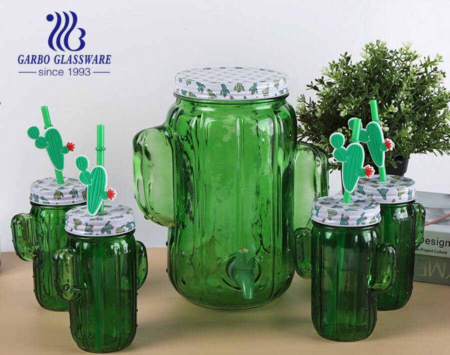5pcs green color cacti design glass dispensers with mason jars drinking set