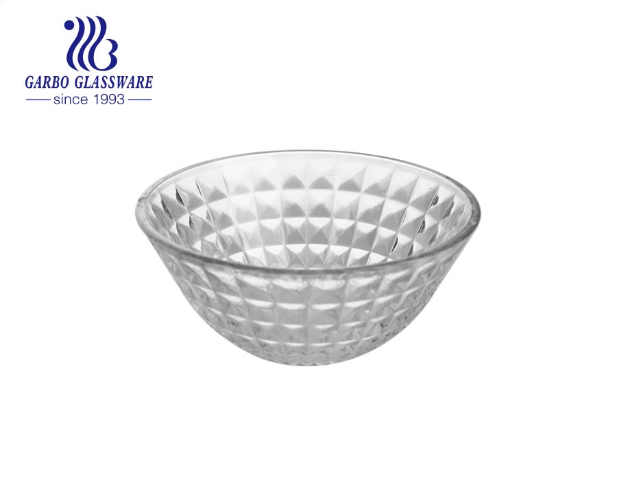 Fabrik billige maschinell hergestellte Glassalat-Obstschale mit graviertem Diamantdesign außen für den Esstisch