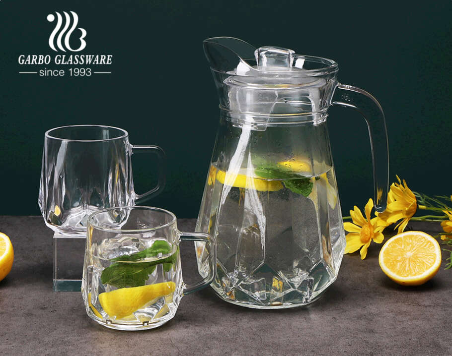 5 PCS High End Ion Plating Dishwasher Safe Glass Water Jug Set Customized 1200ml Pitcher and 300ml Mug Set for Table Decoration