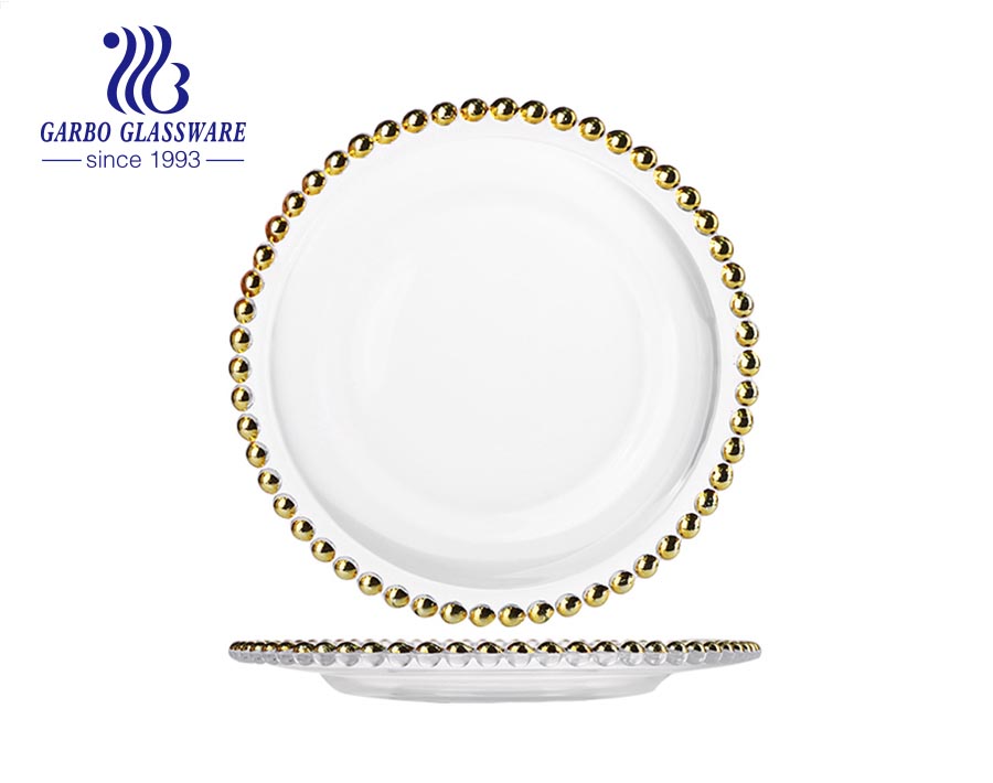 Luxury Royal Hotel Wedding Dinning Decorative Glass Tableware 10.6 inch Charger Gold Rim And Beads Decor Glass Plates