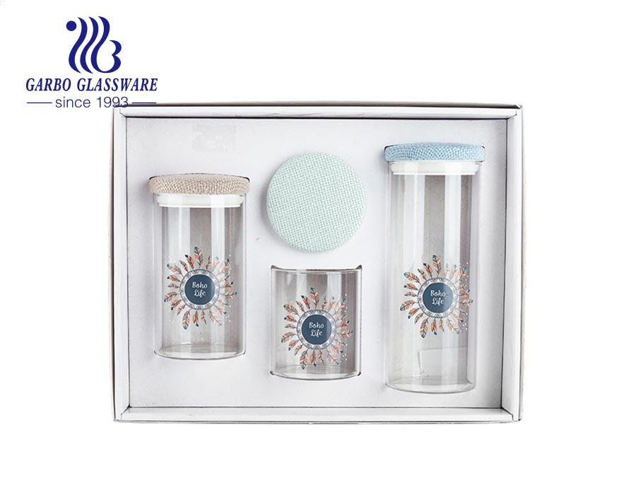 High-white 3 pcs high borosilicate storage jar set with customized design cloth lid